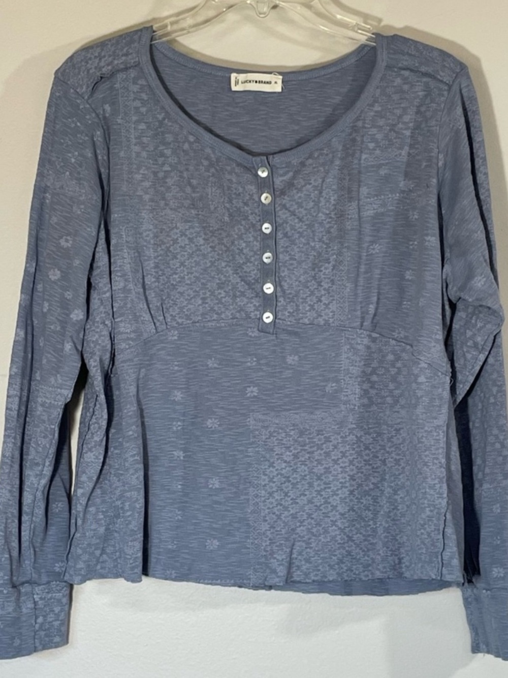 Lucky Brand Blue Tonal Patchwork Print Boho Henley Top‎ shirt